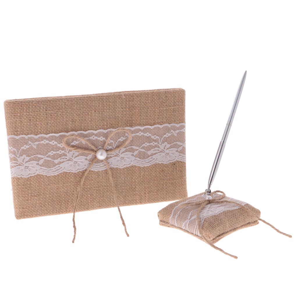 Burlap Rustic Wedding Ceremony Guest Book Pen Holder Set with Lace Bow Decor