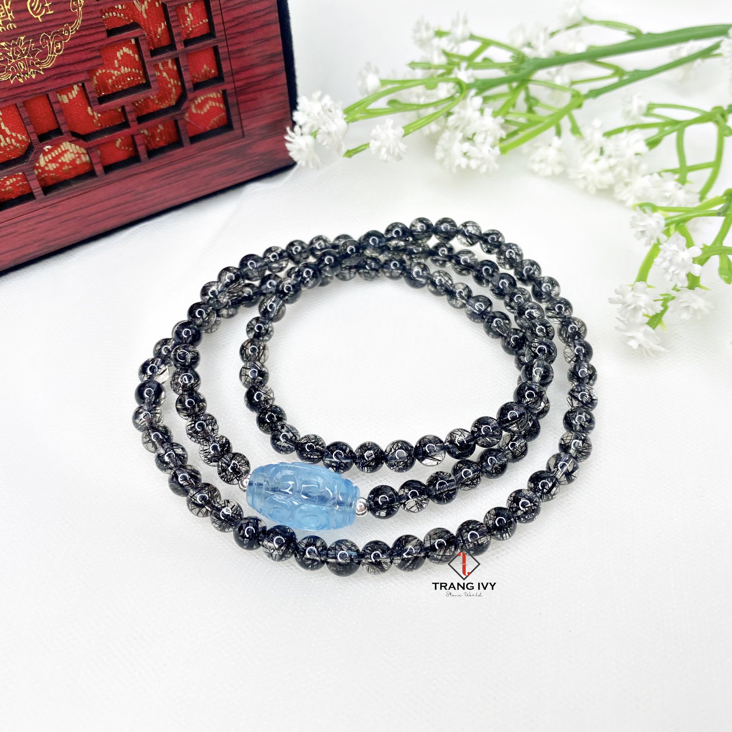 Chuỗi Thạch Anh Tóc Đen Mix Lu Thống Aquamarine