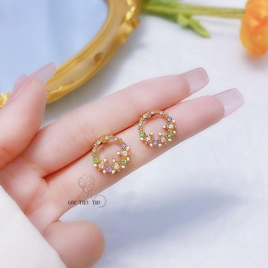 Bông Tai Bạc Dáng Tròn Viền Đá Nhiều Màu Xinh Xắn Cho Nữ - HT010