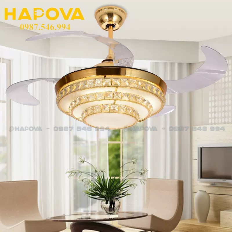 Quạt trần đèn pha lê hiện đại sang trọng cho gia đình phòng khách và phòng ăn HAPOVA 2252 Động cơ 6 số + Tặng kèm điều khiển từ xa HÀNG CHÍNH HÃNG