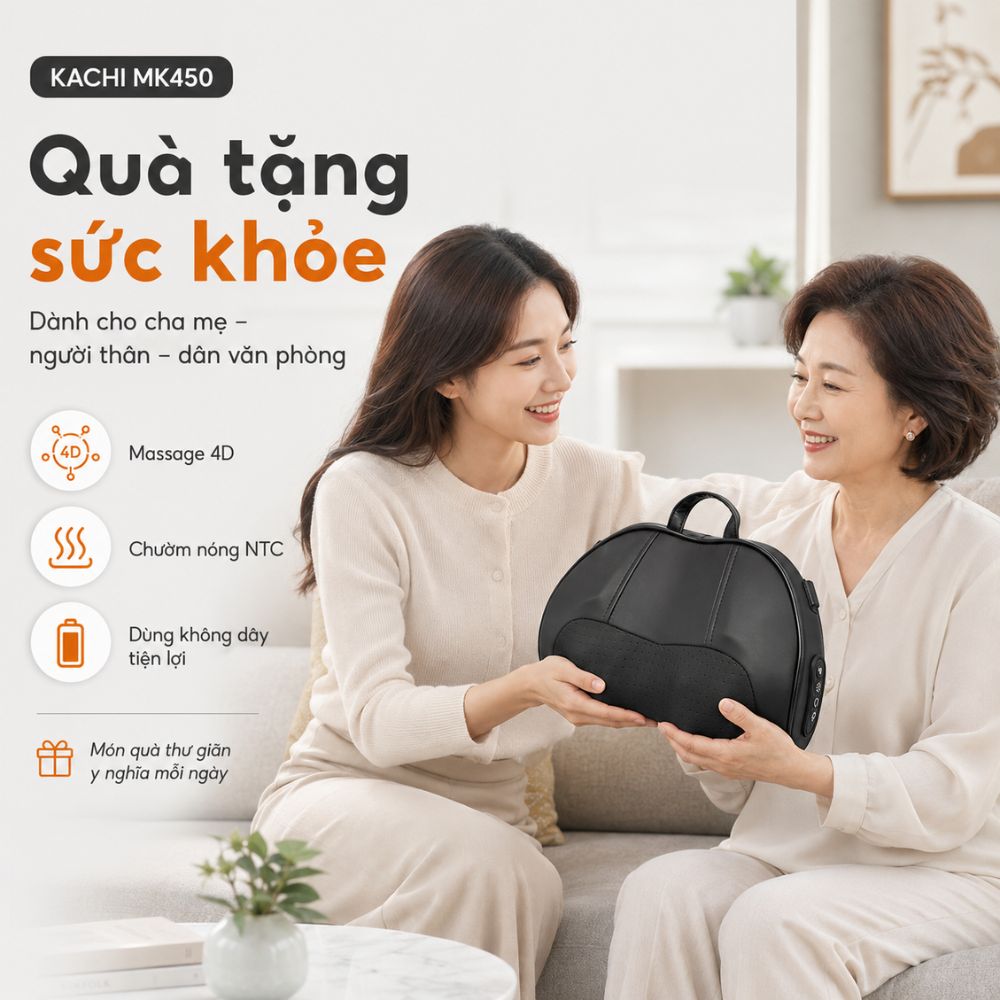 Gối Massage Cổ Vai Gáy Kachi MK450 – Công Nghệ Massage 4D Chườm Nóng - hàng chính hãng