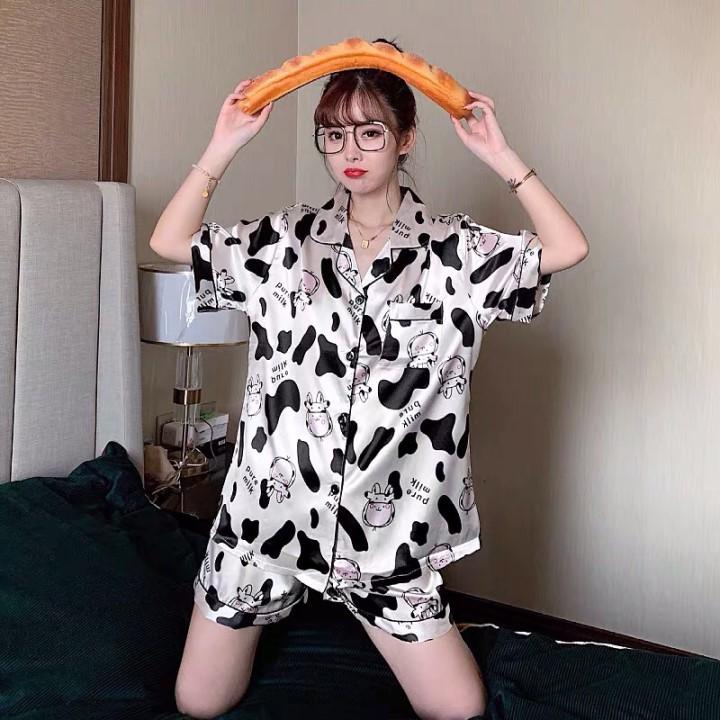 Bộ Pijama lụa cho nữ họa tiết Bò Sữa hot nhất mùa hè 2021- Bộ ngủ đồ mặc nhà chất vải trơn nhẹ cực chất B053