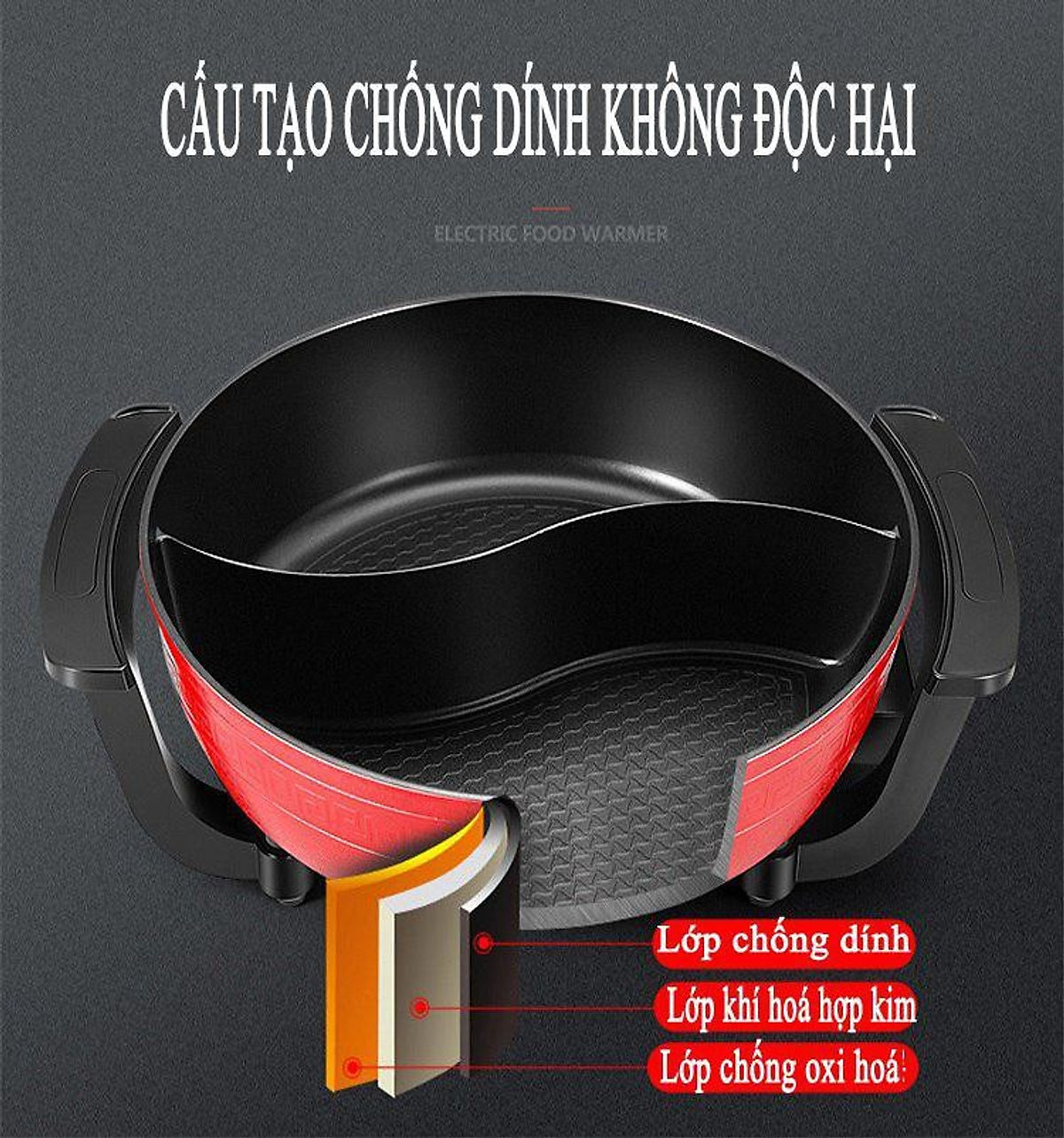 Nồi Lẩu Điện Đa Năng 2 Ngăn Chống Dính 5L 1000W - Hàng Chính Hãng