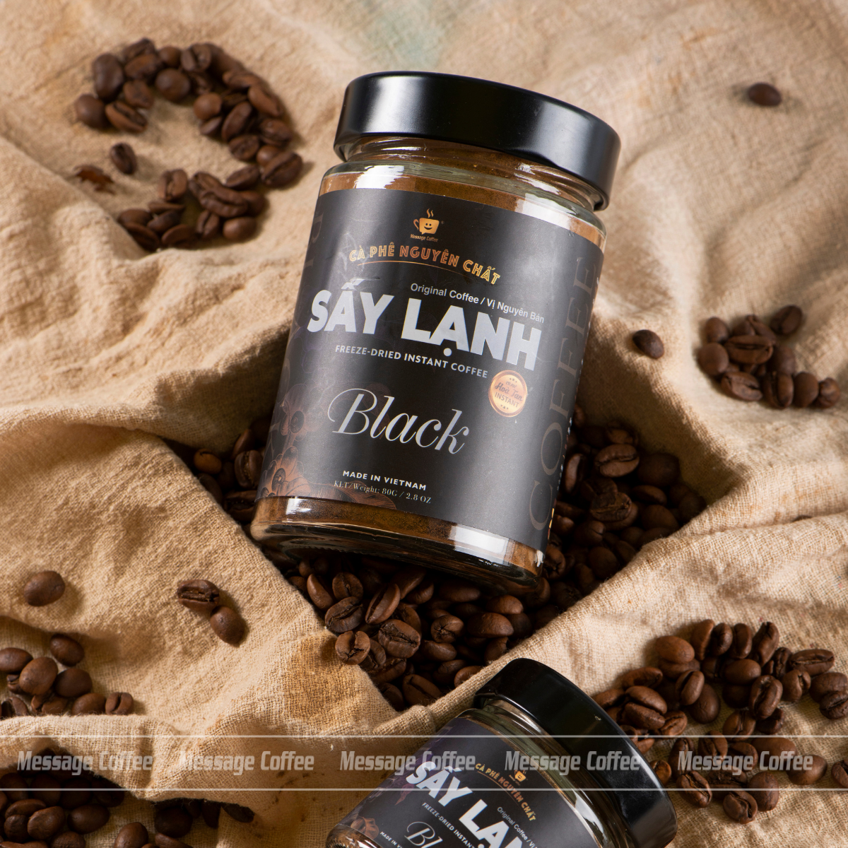 Cà phê Hòa Tan Sấy Lạnh BLACK 80Gr Gu Đậm Đà, tinh chất cafe rang xay nguyên chất, tiện lợi, dùng liền từ Message Coffee