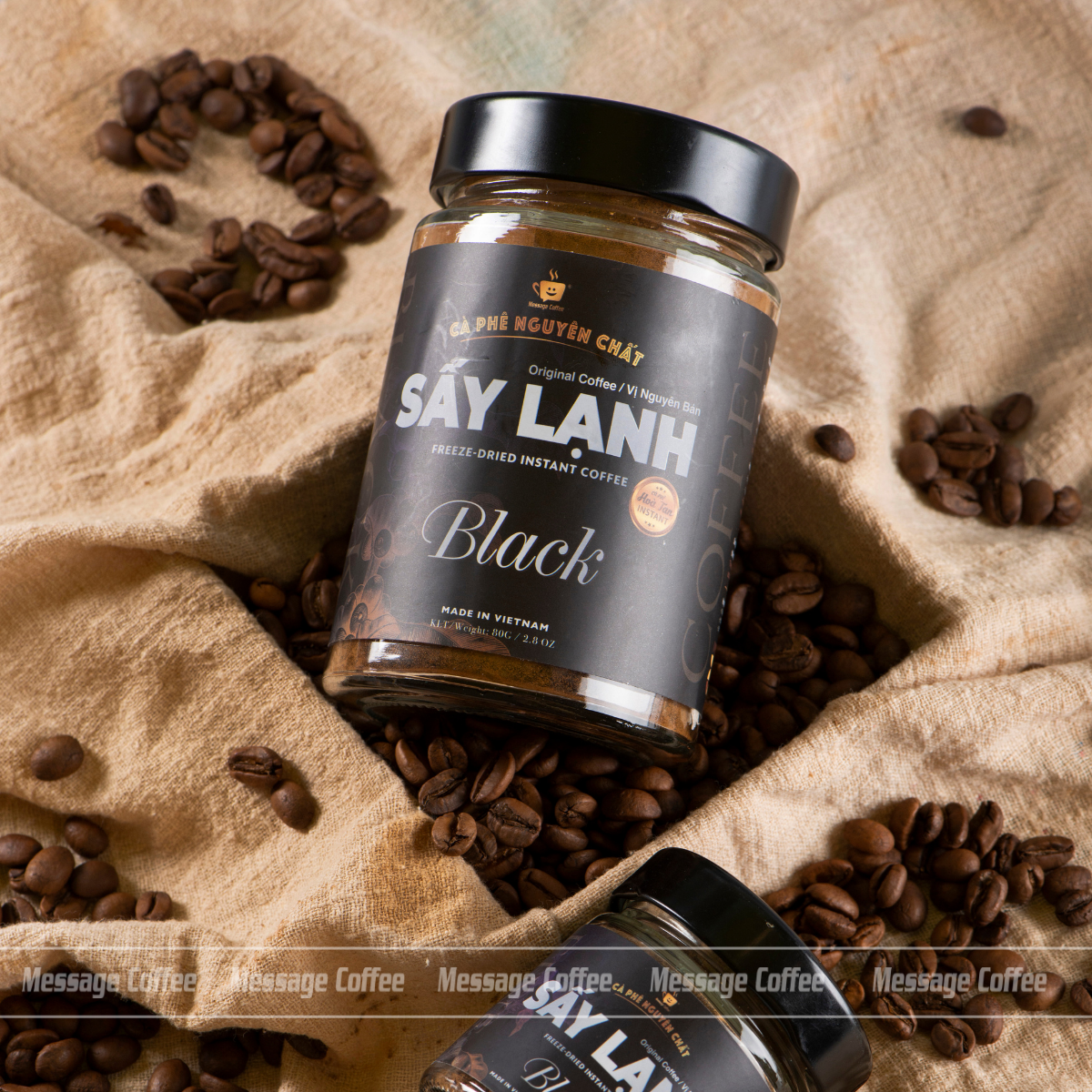 Cà phê Hòa Tan Sấy Lạnh BLACK 80Gr Gu Đậm Đà, tinh chất cafe rang xay nguyên chất, tiện lợi, dùng liền từ Message Coffee 