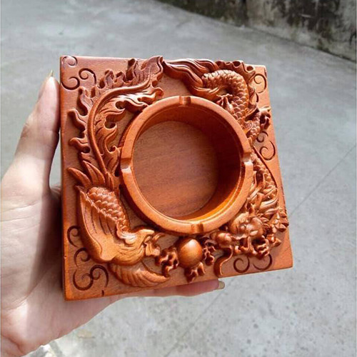 Gạt Tàn Thuốc Lá Vuông - Chất Liệu Gỗ Hương - Hình Rồng - Phụng - Cá Chép