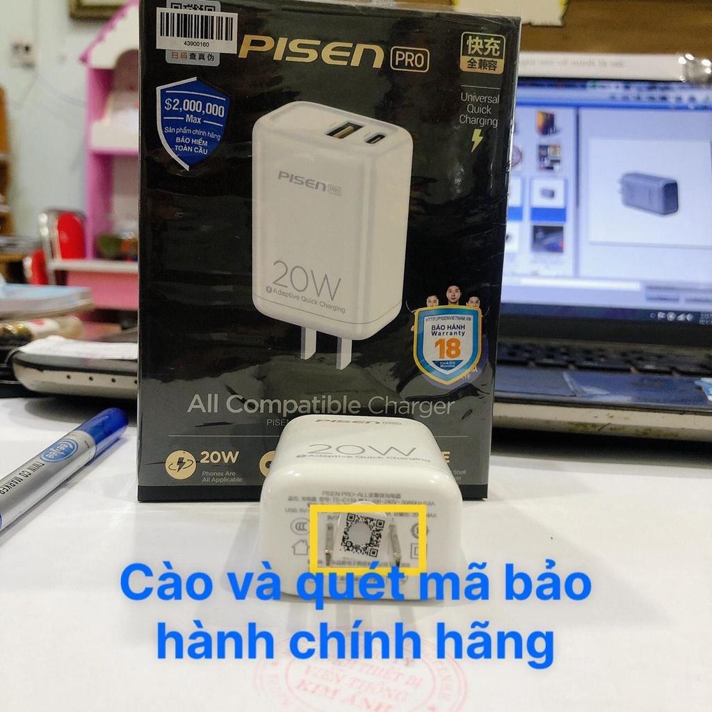 Cóc sạc nhanh PISEN Pro-All Dual Port QP 20W Fully Compatible12 - (TS-C119), Hàng chính hãng