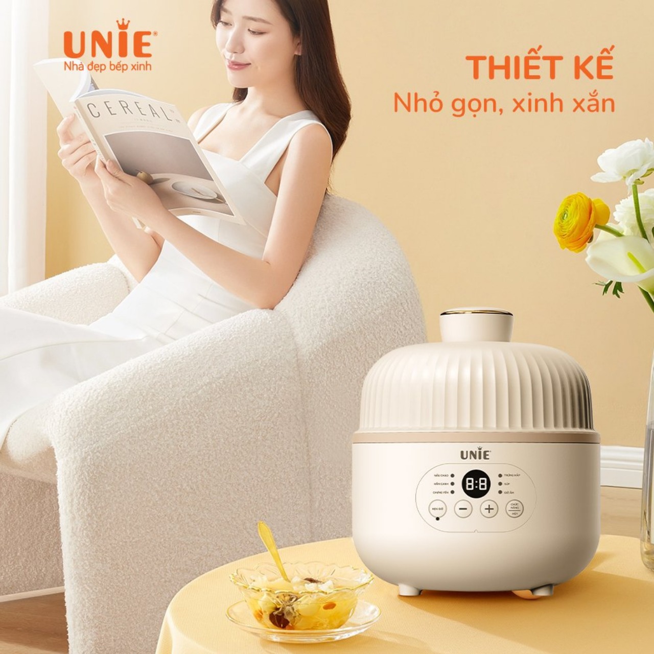 Nồi Nấu Chậm Unie USC08W, Thố Gốm 0.8Lit, 6 Chức Năng, Hẹn GIờ Nấu 12 Tiếng, Hàng Chính Hãng