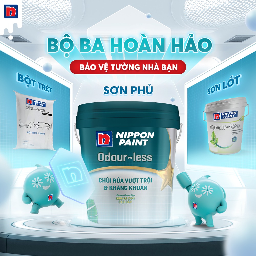 Sơn nước nội thất - Siêu cao cấp - Nippon Odour~less -Chùi rửa- Kháng khuẩn - Bề mặt mờ - 15L