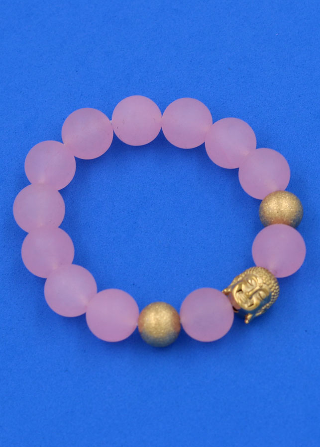 Chuỗi đeo tay Thạch Anh Hồng Phấn Mờ 14 ly - Vòng tay Phật A Di Đà inox vàng VTAHPMNLVHB14 - hợp mệnh Hỏa, mệnh Thổ - Vòng đeo tay size lớn