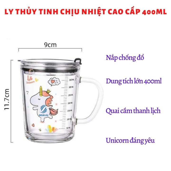 Cốc Pha Sữa Uống Nước Cốc Thuỷ Tinh Chịu Nhiệt Có Vạch Chia Dung Tích 400ML- Có Nắp Đậy Kín Chặt Kèm Ống hút Hút - Hàng Chính Hãng MINIIN