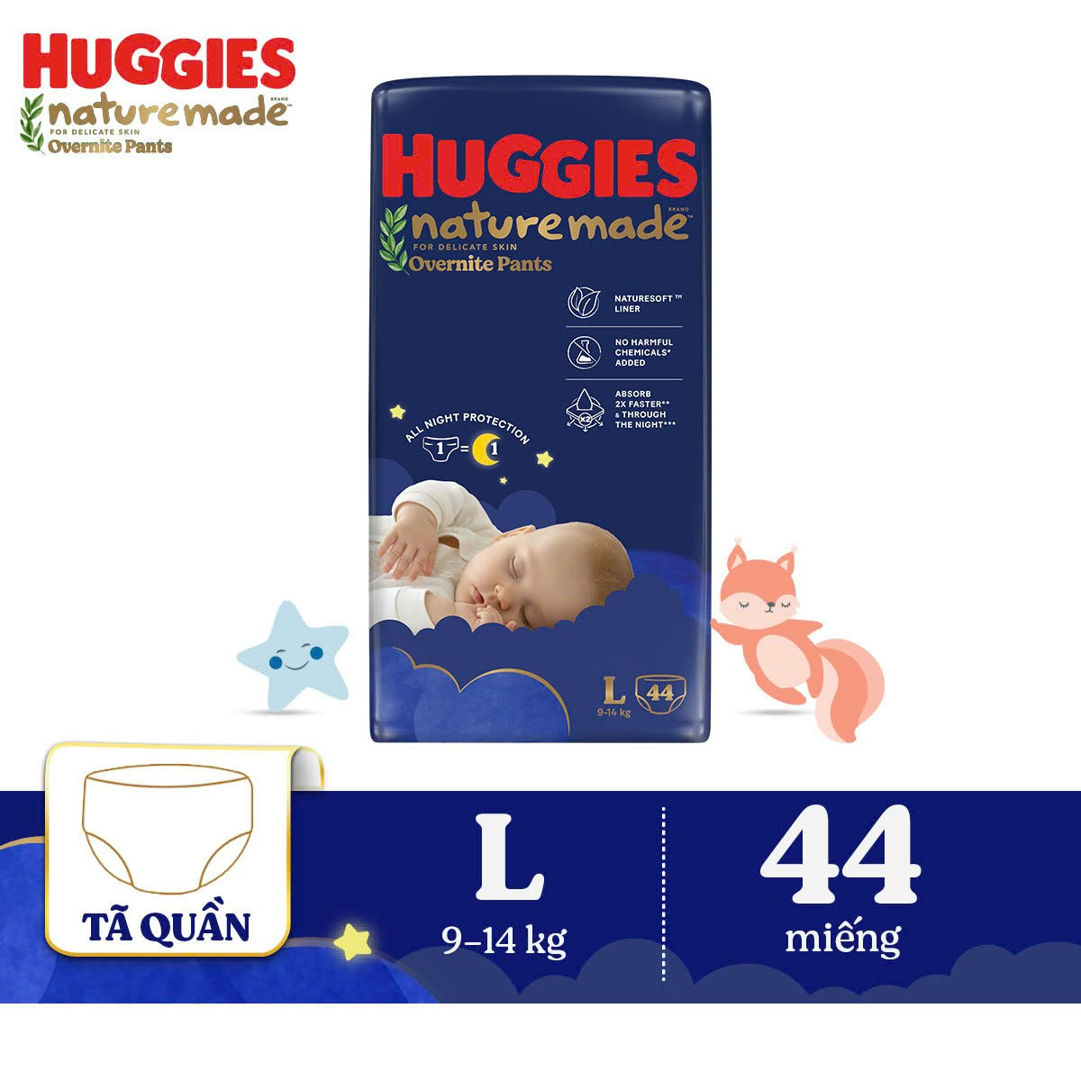Tã quần Huggies Naturemade ban đêm L 44 miếng
