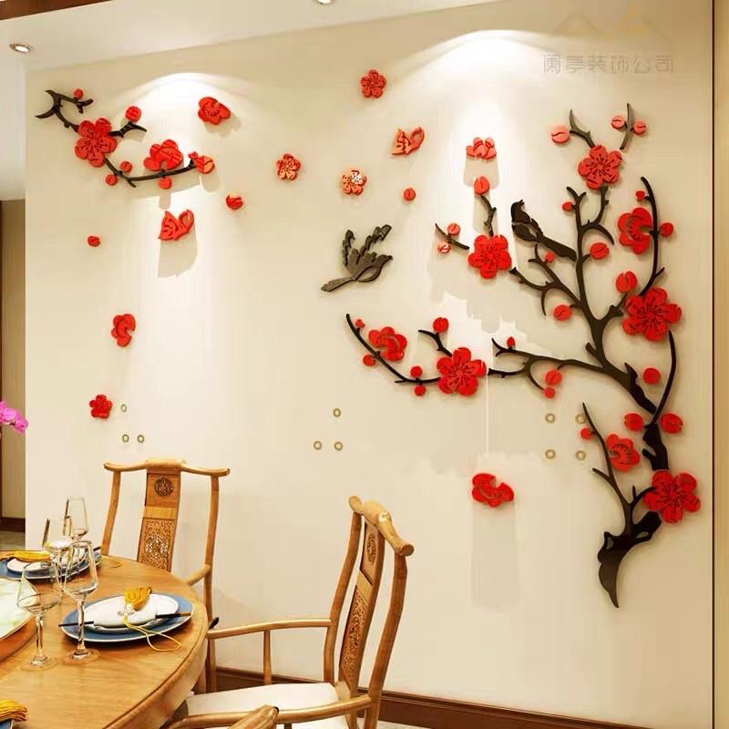 Decal dán tường mica 3D hoa đào