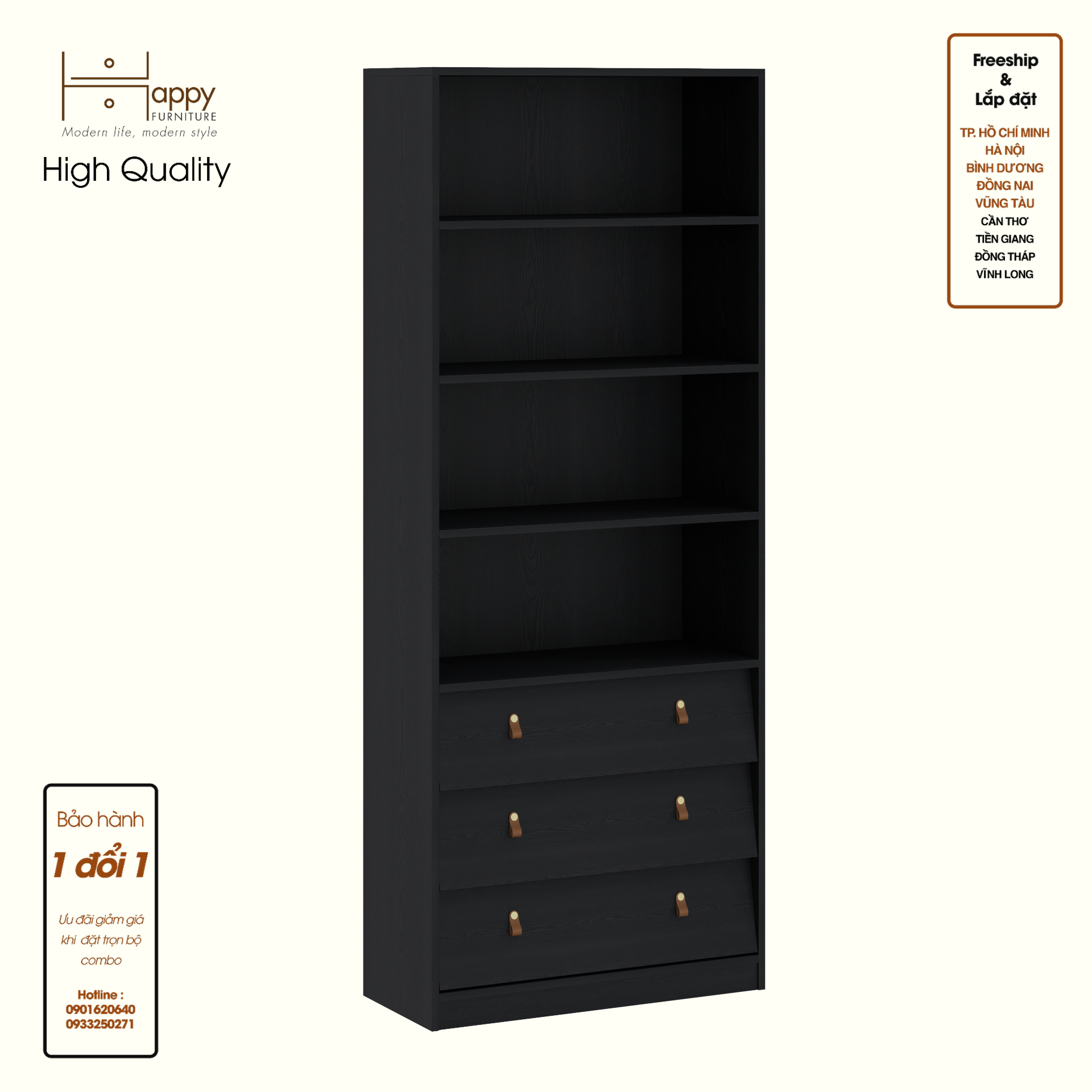 HAPPY FURNITURE , Kệ sách 3 ngăn kéo - CALYN , KSA_106 , 80cm x 35cm x 200cm DxRxC