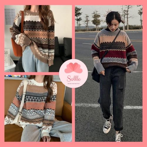 Áo len nữ thổ cẩm vintage dài tay dáng rộng dày ấm Hàn Quốc giá rẻ Sollle 2021