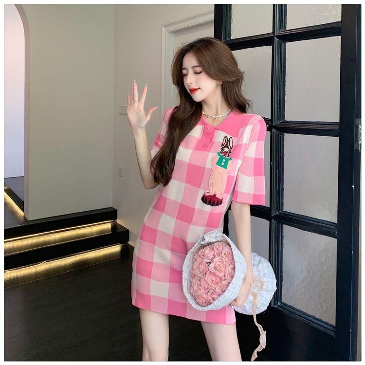 SHUANGYAN polo cổ màu hồng kẻ sọc dệt kim đầm mùa hè 2023 nhỏ lỏng lẻo thời trang ngọt ngào giảm tuổi váy
