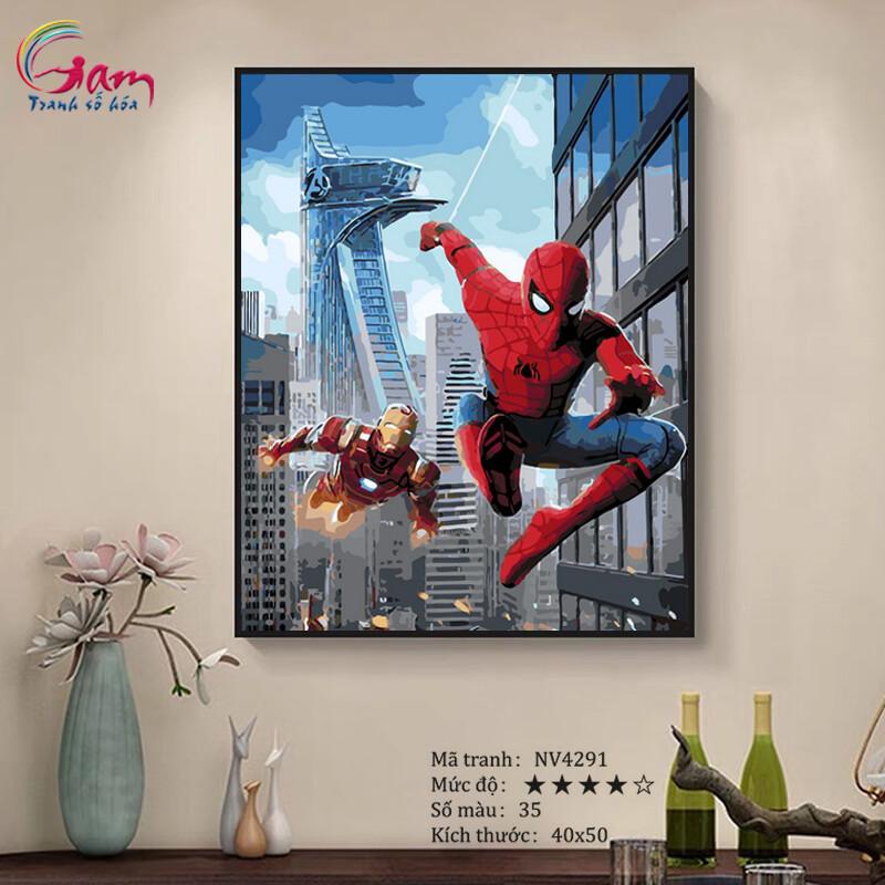 Tranh trang trí tự tô màu theo số người nhện và người sắt Spider man và Iron man NV4291