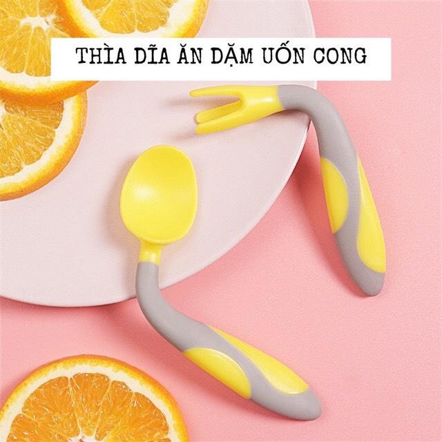 Bộ thìa dĩa ăn dặm uốn cong cho bé, thìa dĩa ăn dặm cho các bé tập ăn- 6570