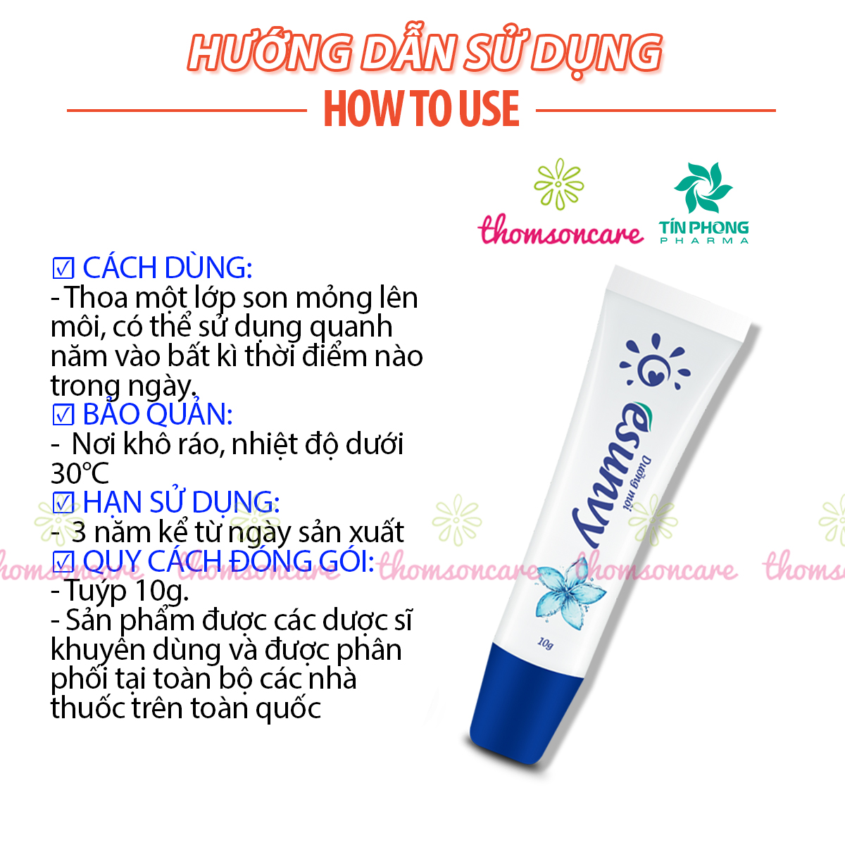 Kem dưỡng môi Esunvy từ thảo dược - Duy trì độ ẩm, Giảm khô, nẻ môii với vaseline, dầu dừa, sáp ong và vitamin E