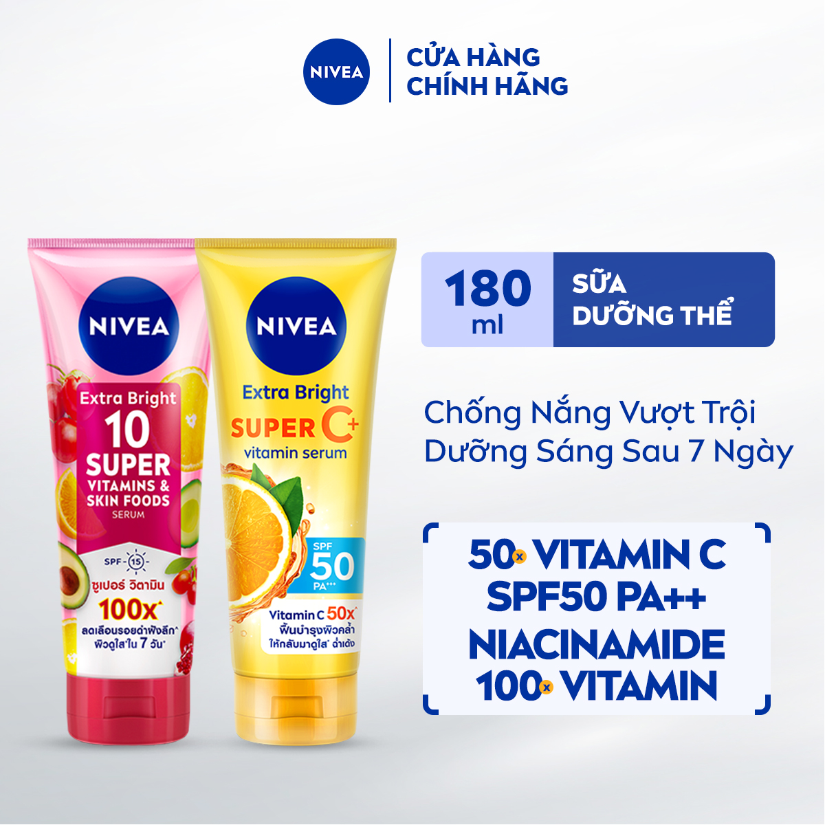 Bộ 2 Tinh Chất Dưỡng Thể NIVEA Vitamin Sáng Da: Vitamin Super C+ và 10X Super Vitamins &amp; Skin Foods (170 ml) - 93830+99193