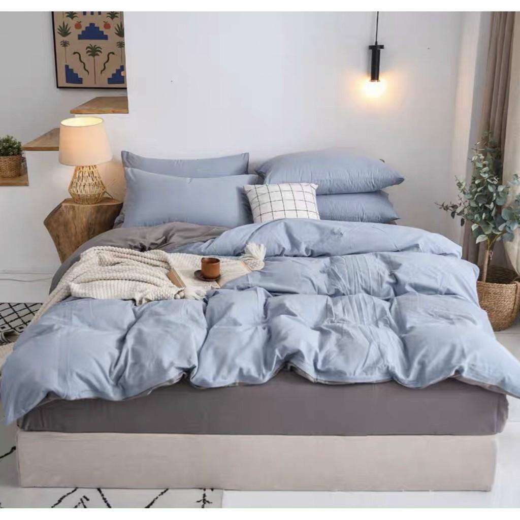 Bộ chăn ga Cotton Poly xanh dương nhạt ga ghi - Hàng nhập khẩu