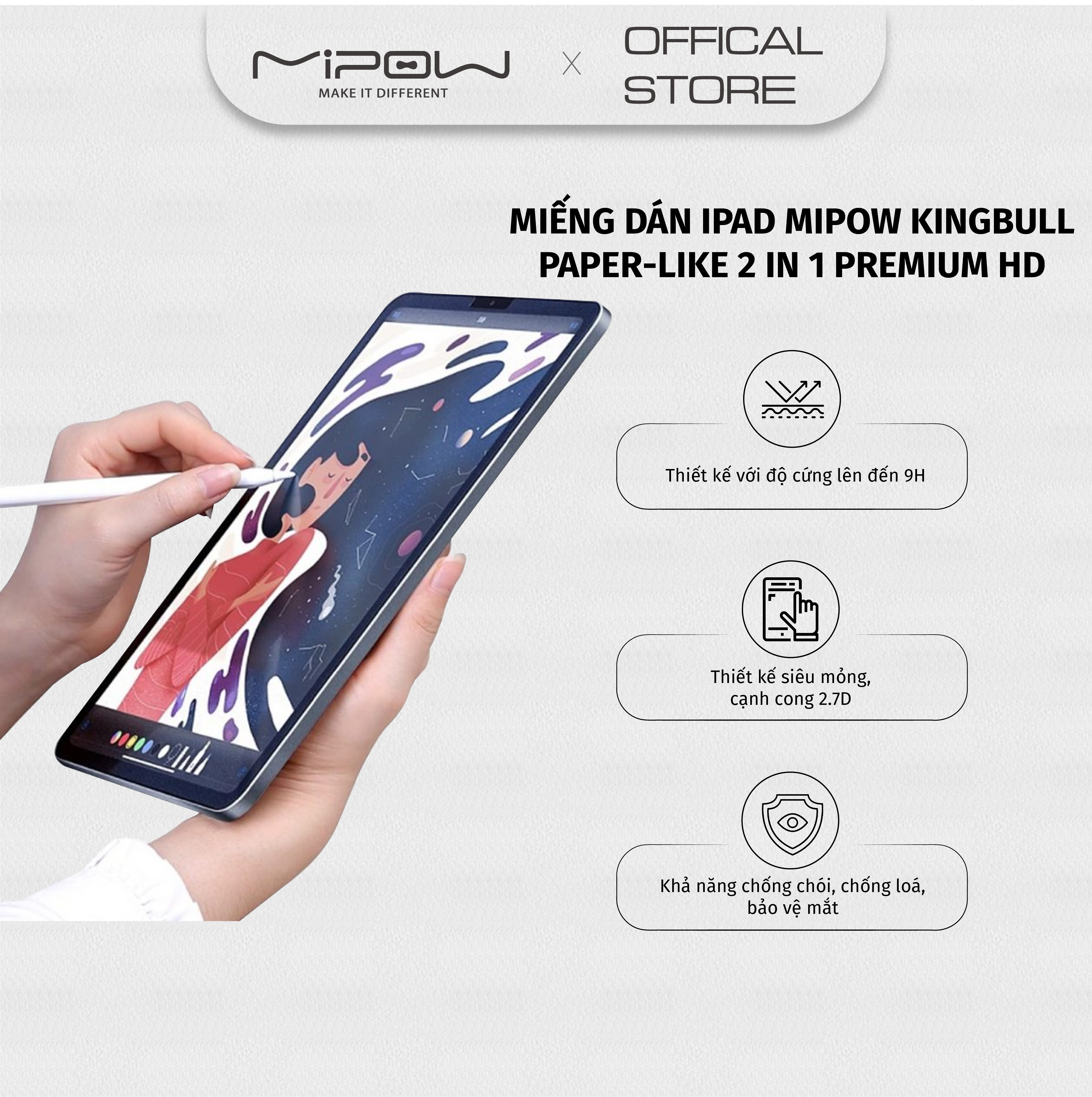 Miếng dán cường lực cho iPad MIPOW KINGBULL PAPER-LIKE 2 IN 1 PREMIUM HD - Hàng Chính Hãng
