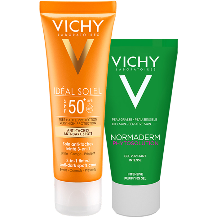 Bộ Kem Chống Nắng Ngăn Sạm Da, Giảm Thâm Nám Vichy Ideal Soleil Anti Darkspot 50Ml Và Gel Rửa Mặt Normaderm Phytosolution 50Ml