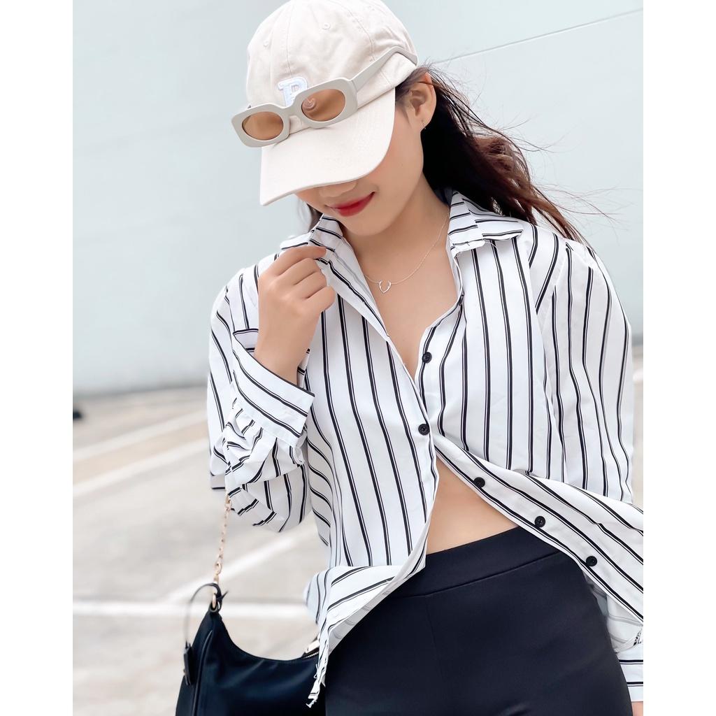 Aó sơ mi trắng kẻ sọc, áo sơ mi tay dài dáng rộng oversize cho nữ, dễ phối đồ