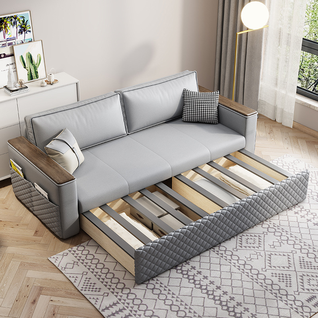 Ghế Sofa Giường Kéo Khung Sắt Có Độ Bền Cao, Sofa Bed Đa Năng Có Tủ Chứa Đồ Và Túi Đựng Sách 2 Bên Tiện Lợi HGK-58