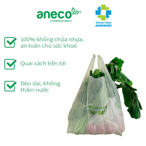 Set túi xốp tự hủy shopping có quai ANECO túi phân hủy sinh học hoàn toàn - Không nhựa 100% - Bảo vệ môi trường