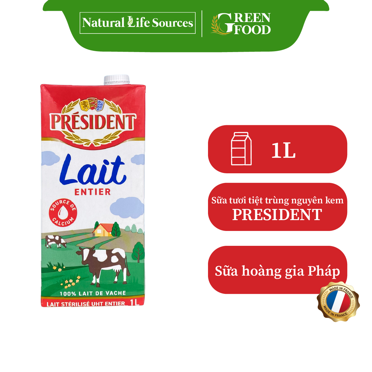 Sữa tươi tiệt trùng nguyên kem cao cấp President không đường | Hộp 1L - Nhập khẩu chính hãng từ Pháp