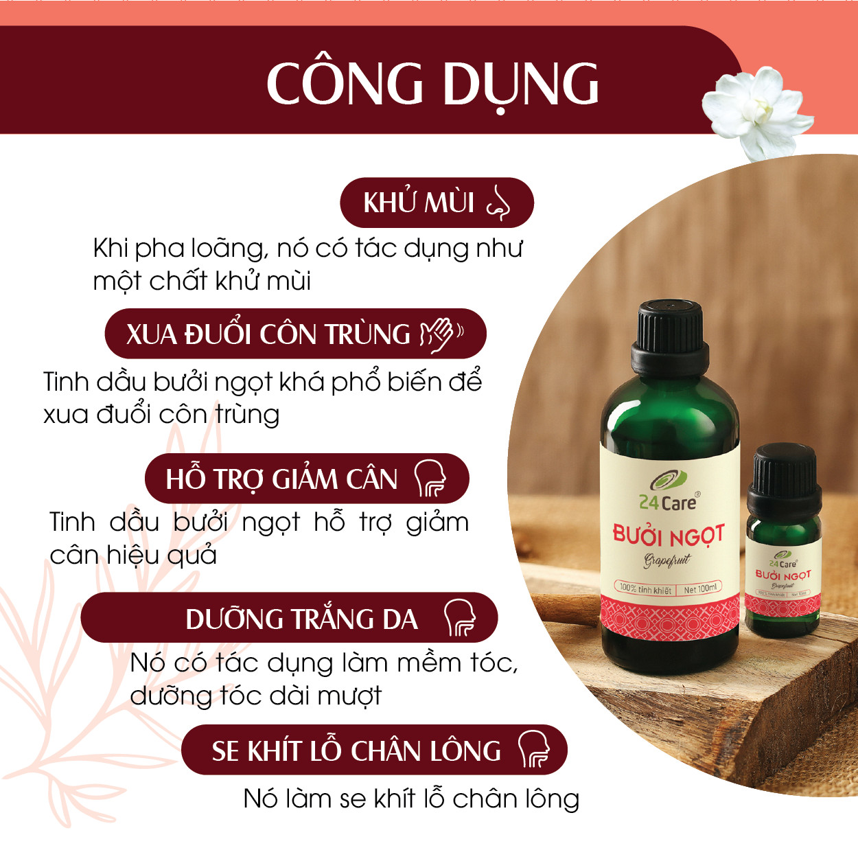 Tinh dầu Bưởi Úc 24Care 10ML - Chiết xuất thiên nhiên, khử mùi, thơm phòng, thư giãn tinh thần.