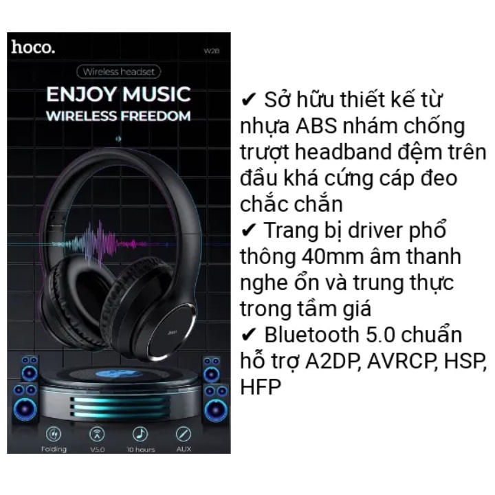 Tai Nghe Chụp Tai Bluetooth Ho.co W28, Micro Đàm Thoại, Chống Ồn, 10H Nghe Nhạc, Đệm Tai Êm Ái, Âm Thanh Chân Thực - Hàng chính hãng