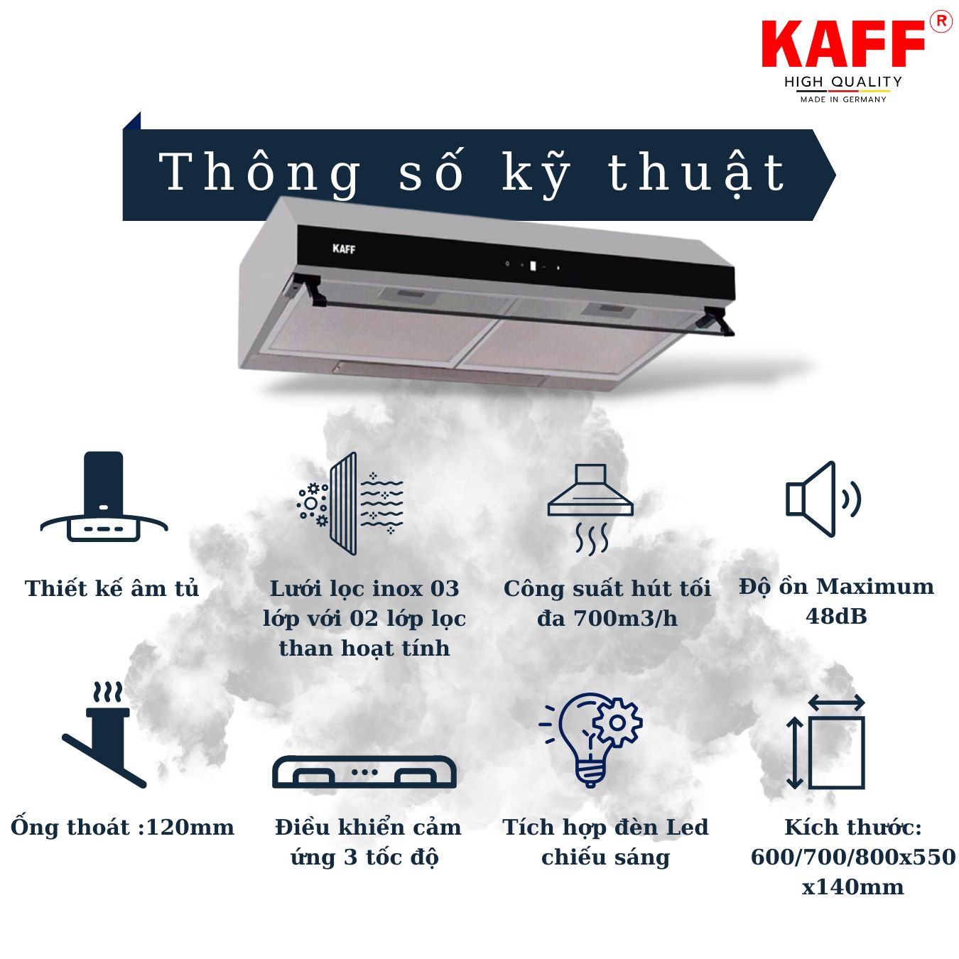 Máy hút mùi cổ điển inox phối kính cảm ứng 800mm KAFF KF-888I Tặng bộ lọc than thay thế - Hàng Chính Hãng