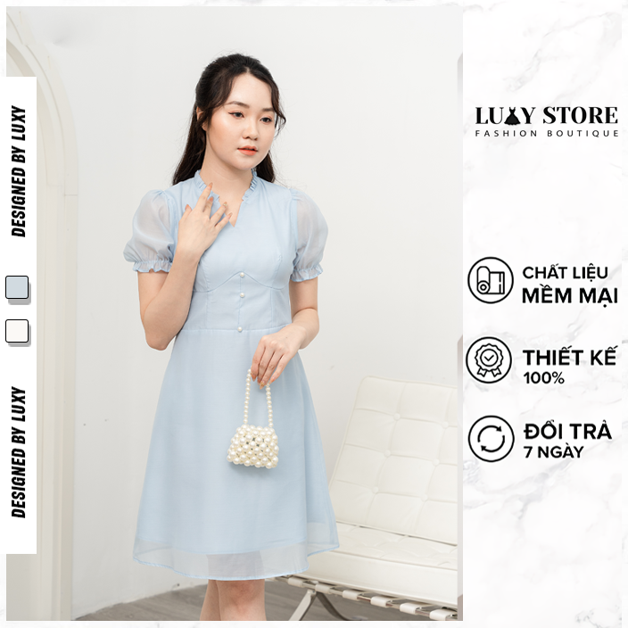 Đầm tiểu thư cổ V tay phồng dáng ôm LUXY V153 đủ size từ 42kg - 65kg