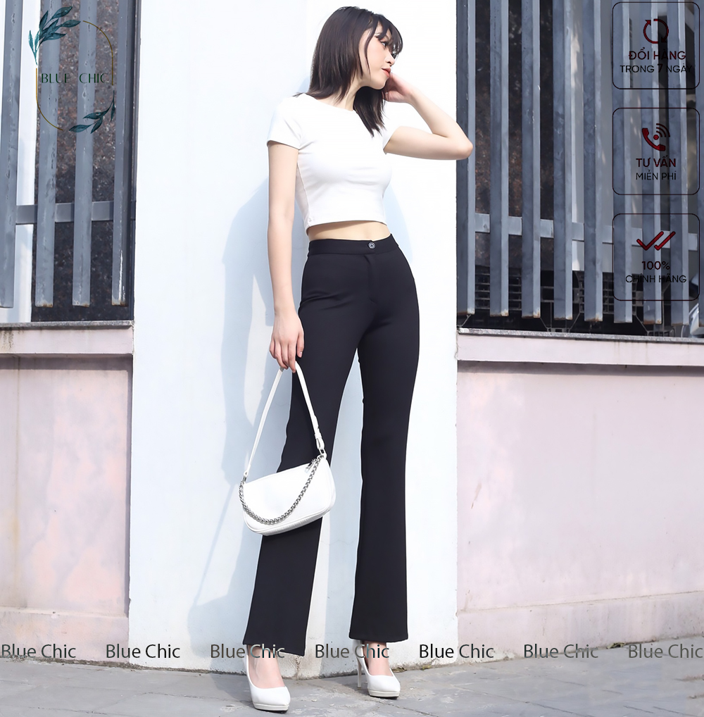 Quần ống rộng Blue Chic lưng cạp cao 1 cúc baggy vải nữ dài suông loe culottes màu đen