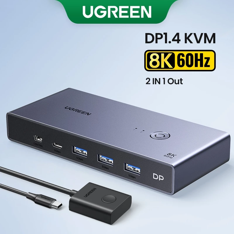 Bộ chuyển đổi UGREEN DP 1.4 Switch 8K 60Hz KVM Switch 2 PC Chia sẻ 1 màn hình CM695-25962 cao cấp hàng chính hãng