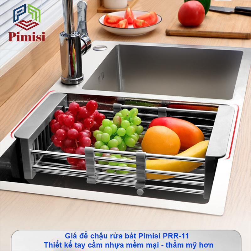 Kệ Inox Gác Bồn Rửa Chén Pimisi PRR-11 Với Tay Cầm Bằng Nhựa Và Khay Inox 304 Thiết Kế Hình Chữ Nhật, Góc Vuông Được Bo Tròn Và Rổ Kéo Điều Chỉnh Độ Dài Co Giản Để Úp Bát Đĩa - Rau Củ Quả Phù Hợp Với Nhiều Chậu Rửa Bát Trong Nhà Bếp | Hàng Chính Hãng
