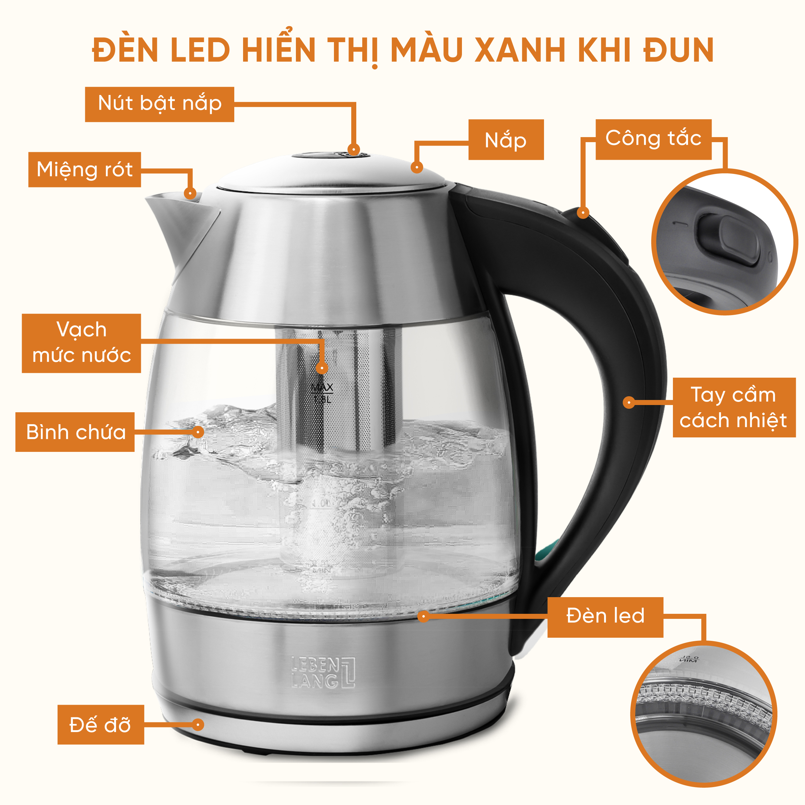 Ấm Siêu Tốc Thủy Tinh Cao Cấp 1,8L Lebenlang LBLB2226 (Model New) Kèm Lõi Lọc Trà, 2200W, Hàng Chính hãng