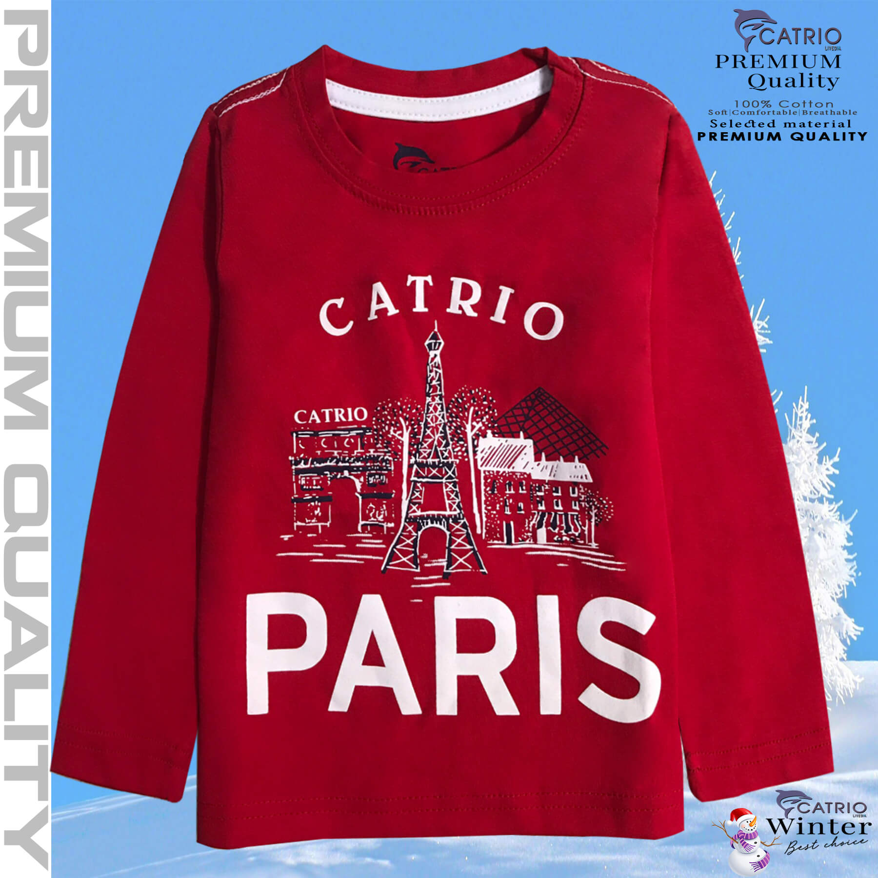 ÁO THUN DÀI TAY BÉ TRAI CATRIO in PARIS màu ĐỎ là áo phông tay dài trẻ em từ 8kg 10kg 12 kg .. 30kg  cổ tròn vải dệt kim co giãn 4 chiều + quần dài cotton thành bộ đồ thu đông cho bé rất đẹp