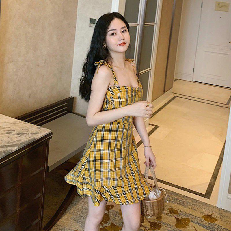 Đầm 2 Dây Caro Màu Vàng Cực Xinh ảnh thật