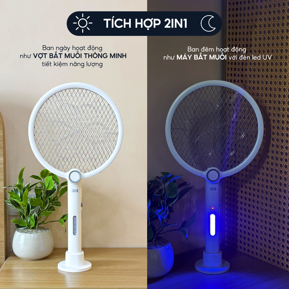 Vợt muỗi điện Lebenlang LBL0102, đèn bắt muỗi 2in1 tự động, 3W, an toàn khi sử dụng, tặng đập côn trùng, bảo hành 2 năm - hàng chính hãng