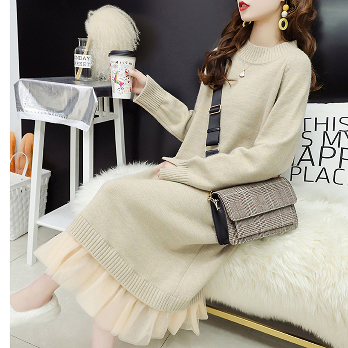 Đầm len suông phối voan đuôi cá, thời trang thu đông