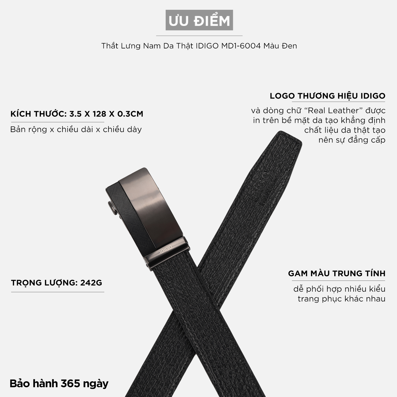 Thắt Lưng Nam Da Thật IDIGO MD1 - 6004 Màu Đen