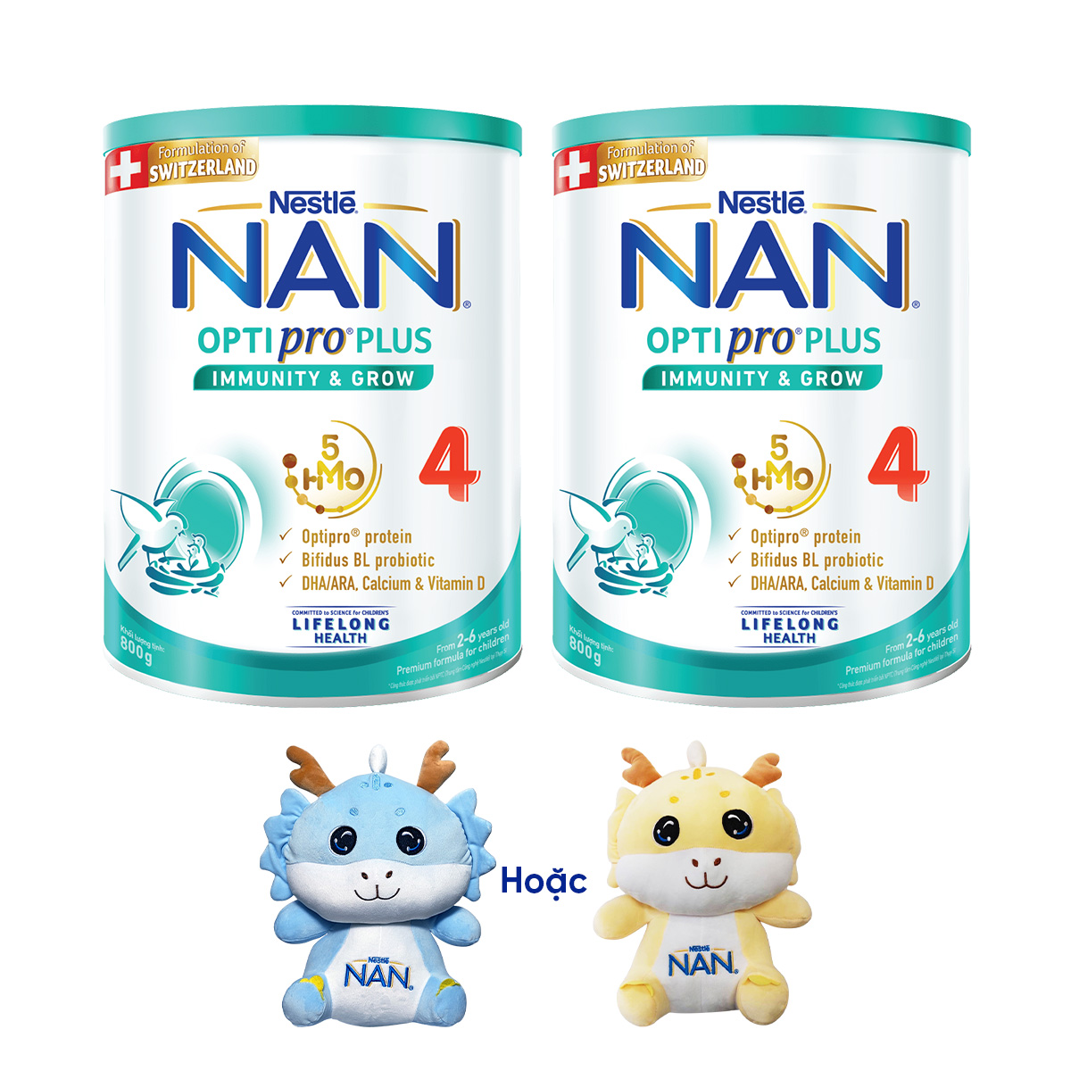 Bộ 2 lon Sữa bột Nestlé NAN OPTIPRO PLUS 4 800g/lon với 5HMO Giúp tiêu hóa tốt + Tăng cường đề kháng + Tặng Gấu bông bé rồng dễ thương - Bé 2-6 tuổi