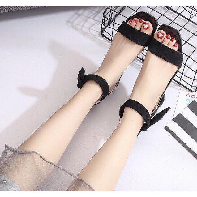 Giày sandal cao gót vuông 5cm quai ngang cổ nơ vải to