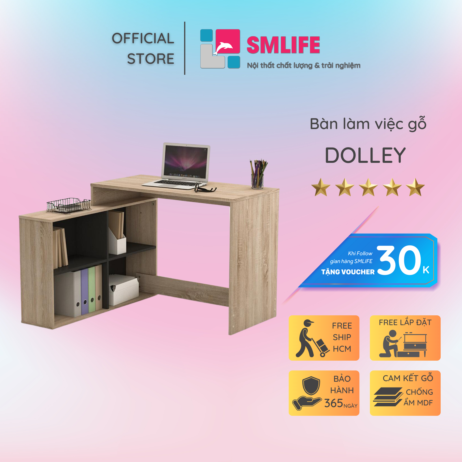 Bàn làm việc, bàn học gỗ hiện đại SMLIFE Dolley  | Gỗ MDF dày 17mm chống ẩm | D120xR100xC75cm - Hộc Phải - Màu