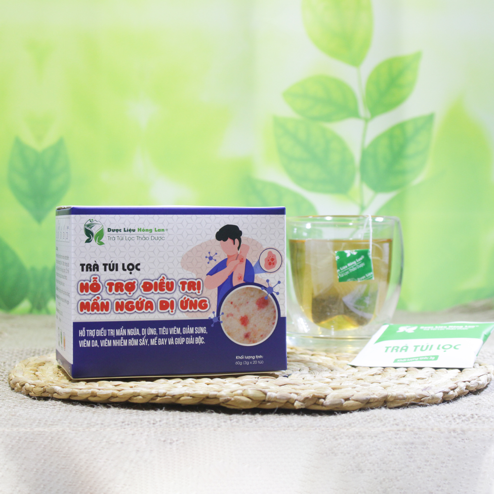 Trà hỗ trợ điều trị mẩn ngứa, dị ứng, viêm da, viêm nhiễm rôm sẩy, mề đay và giúp giải độc túi lọc hộp 60g Dược Liệu Hồng Lan
