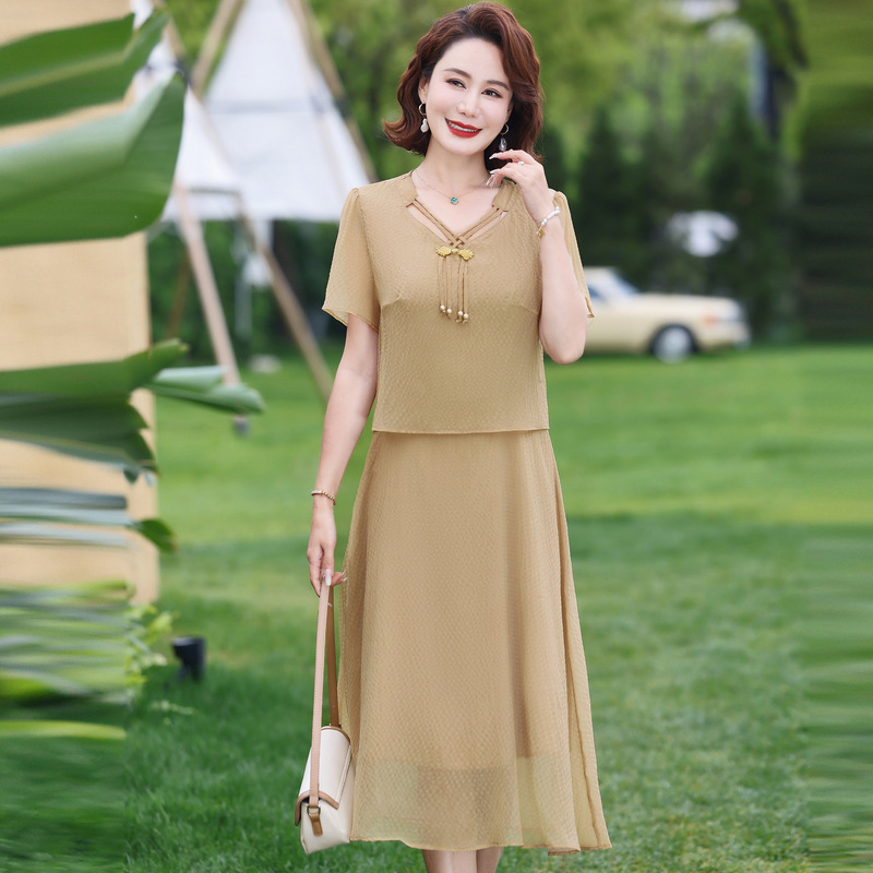 Váy Voan Mùa Hè Ngắn Tay Cổ Chữ V Của Mẹ VH105 - Hàng Quảng Châu Cao Cấp