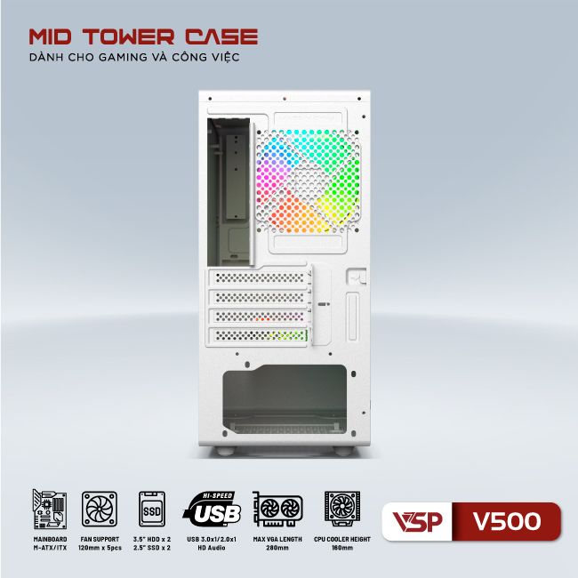 Vỏ máy tính Case VSP V500 [TRẮNG] Gaming Kính cường lực (Micro ATX/ITX) - Hàng chính hãng VSP phân phối